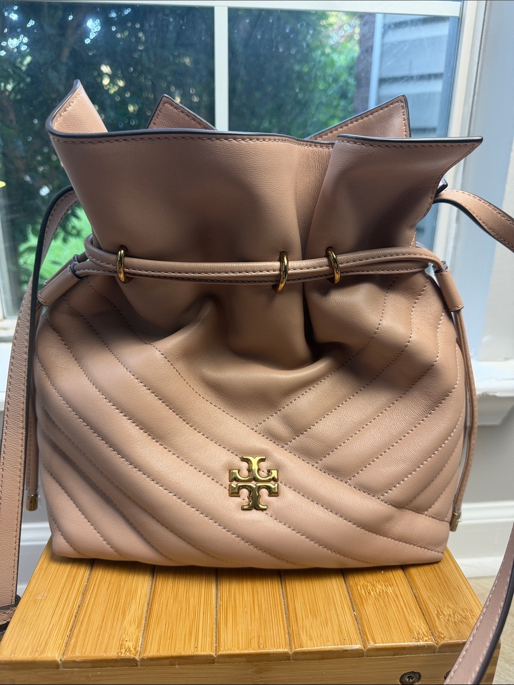 Tory Burch Blush Pink Quilted Leather Drawstring Shoulder Bag with Gold Logo